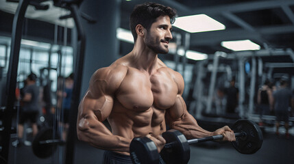 Fototapeta na wymiar Close up of young body builder in commercial gym - Generative Ai
