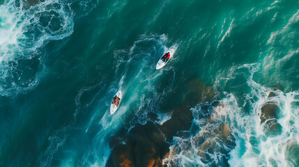 Surfers in the Ocean Birds Eye View in California - Generative Ai - Powered by Adobe