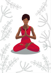 dark-skinned girl in red sits in lotus position, does yoga in tropic plant