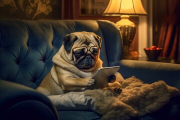 Pet dog using smartphone on sofa. Generative AI