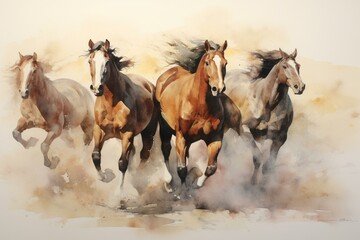 watercolor painting depicting a group of horses. Generative AI