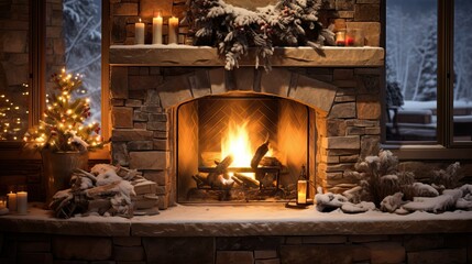 fireplace in winter with snow outside
