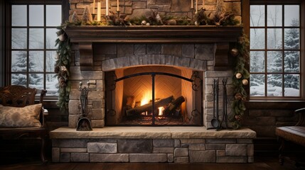 stone fireplace with burning wood, snow and trees outside window