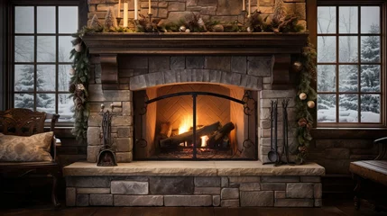 Rugzak stone fireplace with burning wood, snow and trees outside window © Barbara Taylor