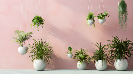 Green Plants Hanging on Pink Wall with Copy Space - Generative Ai