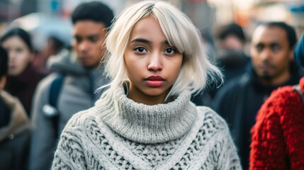 Obraz premium everyday life of a ayoung adult woman, tanned skin tone multirracial, fictional location, walking and crowd of people. 20s, pretty, wearing turtleneck sweater