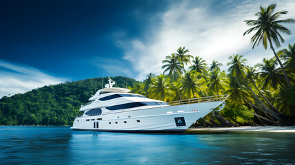 A Luxury Private Motor Yacht on Tropical Island - Generative AI - obrazy, fototapety, plakaty