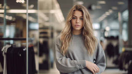 Fototapeta premium Young Woman with a Beautiful Smile in Clothing Store