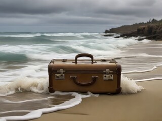 Mientras las olas rompen contra la orilla, una maleta solitaria yace abandonada en la playa - obrazy, fototapety, plakaty