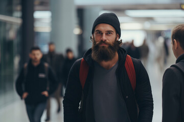 Fototapeta na wymiar Bearded men with bag traveling at modern city