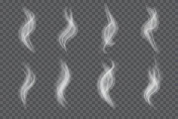 Smoke vector collection, isolated, transparent background. Set of realistic white smoke steam, waves from coffee, tea, cigarettes, hot food,... Fog and mist effect.