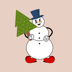 Merry Christmas and Happy New year. Christmas tree, snowman in trendy retro cartoon style. 