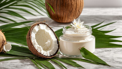cosmetic cream, fresh coconut - obrazy, fototapety, plakaty