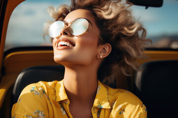 An elegant and cheerful young woman, with her hair up in a bun and sunglasses, sets out on a trip in a sky blue convertible - Powered by Adobe