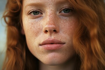 Close-up of a beautiful young girl with freckles, red hair, and green eyes. - obrazy, fototapety, plakaty