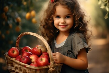 Fototapeta na wymiar Cute little girl in overalls with a wicker basket with apples on a background of apple trees, photo taken with provia, use of earth tones