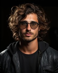 portrait of attractive latin guy with dark jacket, glasses and curly hair. studio light