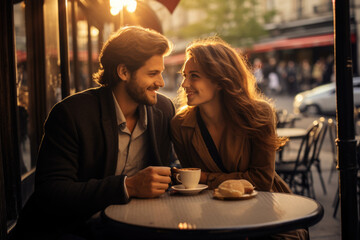 A loving couple standing together on a street in Paris, making romantic gestures, predominately red...