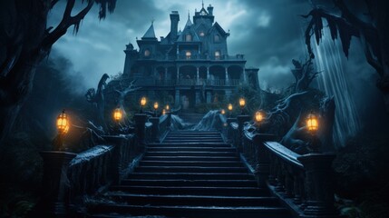 Haunted Mansion at Night: A Spooky Staircase Shrouded in Fog - obrazy, fototapety, plakaty