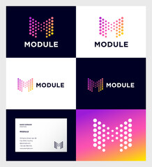 Letter M. Module symbol. M monogram consist of color dots. Identity. Business card.
