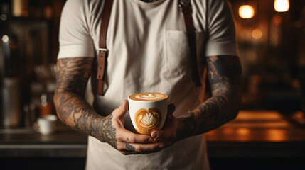 Fototapeta na wymiar Barista man with a cup of coffee in his hands. Modern man with tattoos on his arms and street clothing in a warm environment.