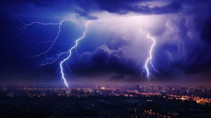 Fototapeta premium A thunderous electrical storm lit the metropolis in a mesmerizing azure glow.