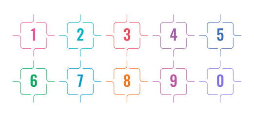 numbers 0-9 on white background. colored squares and numbers 0-9