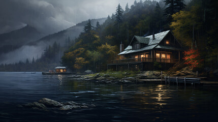 The gloomy and overcast atmosphere of the lake house's environment was mirrored by the incessant rain.