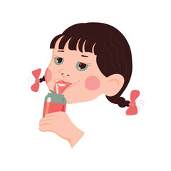 Fototapeta premium little girl drinks a drink through a straw from a jar. cheerful child. mood. vector illustration.