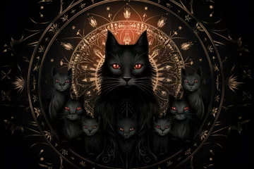 Fotobehang Scheming witches' familiars, such as cunning black cats - Generative AI © Sidewaypics