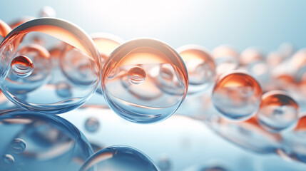 A molecular structure within a transparent liquid bubble against a soft backdrop, symbolizing skincare cosmetic innovation. (3D render).