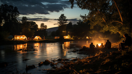 A serene evening scene of rafters setting up a campsite on a tranquil riverbank, with tents, campfires, and starry skies in the background, showing the peaceful side of rafting adv