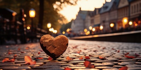 A piece of stone carved in the shape of a heart lying on a cobblestone road in a tourist town. - obrazy, fototapety, plakaty