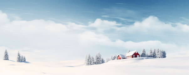 Snowy winter landscape with village house and trees. Christmas banner with space for text