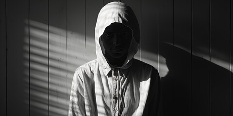 A person in a white hoodie and a shadowed mysterious face, standing in the shadow of the light from a window with blinds