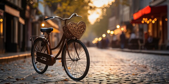 A bicycle with a heart-shaped basket parked on a cobblestone street in a local restaurant alley