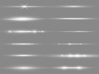 Laser beams, horizontal light rays. Collection effect light White line png. Beautiful light flares. Glowing streaks on light background. 