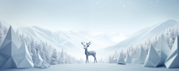 Paper cut-out Christmas landscape with deer, snowy mountains and trees. Winter banner with space for text, New Year postcard design