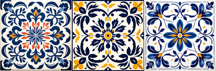 A beautiful ceramic baroque tile design featuring a white and blue porcelain daisy pattern set in a Victorian-style frame forms a seamless background on the ceiling.
