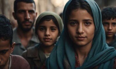 Fototapeta premium Portrait of Refugees on middle east city street, looking at camera. Homeless people in front of destroyed home buildings because of earthquake or war missile strike. Refugees, war and economy crisis