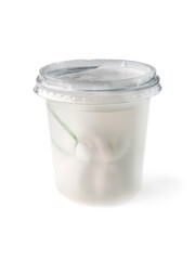burrata cheese in plastic container on white background isolated