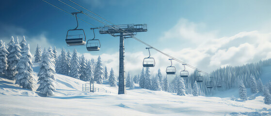 Empty Cabin of ski lift over snow capped mountain and forest. Ski or skiing background. Beautiful nature landscape. Panorama view. Winter vacation, resort. Generative ai - obrazy, fototapety, plakaty