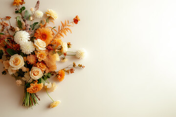 Greeting card template with a bouquet of flowers on a white background. Top view, side lighting, copy space.