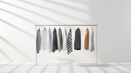 Collection of casual apparel on a metal clothes rack. Modern minimalist wardrobe in a spacious white room filled with sunlight. Copy space