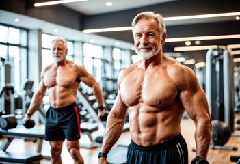 Fototapeta na wymiar Senior man doing workout exercises inside gym. Fit mature male training in wellness club center - Body building and sport healthy lifestyle concept