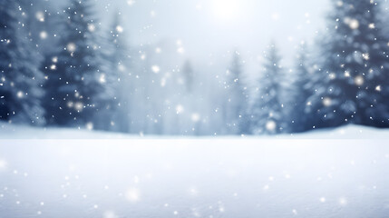 Winter forest with snow and falling snowflakes. Christmas background.