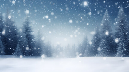 Winter forest with snow and falling snowflakes. Christmas background.