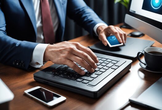 Close up view male hands writes on laptop. Entrepreneur man sit at desk work on modern wireless notebook, do remote telecommute, search information on internet, professional application usage concept