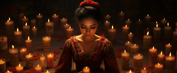 young woman in a red dress and red flowers in dark hair sitting among burning candles at night on...