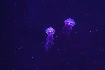 Two fluorescent Eirene lactoides jellyfishes moving through the water with violet neon light. Isolated on dark background © Аня Тадевосян